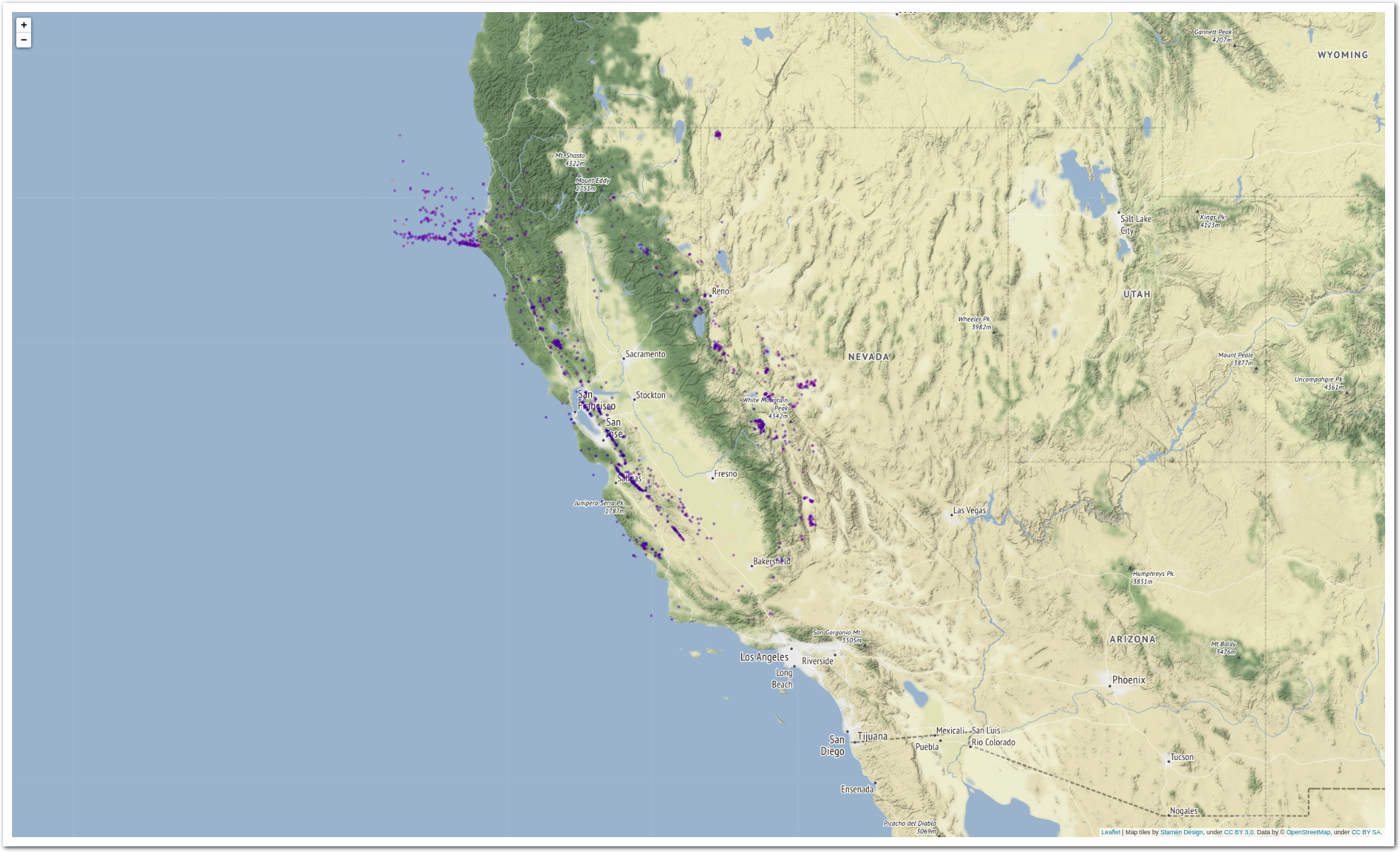 Earthquakes in CA - NCEDC 1992-2021 (Mw scale).